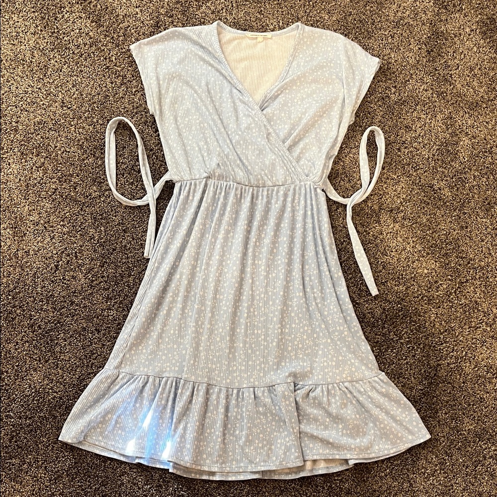 Caution To The Wind Light Blue Floral Wrap Dress